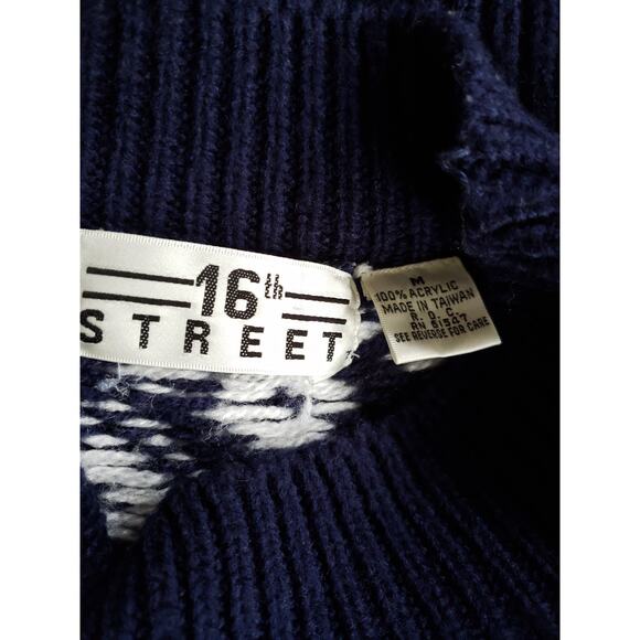 Vintage 80s Mock Neck Slouchy Sweater Cozy Navy Geometric Striped Medium - Picture 8 of 9